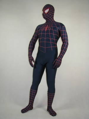 Blue and red spandex spiderman costume with red spider